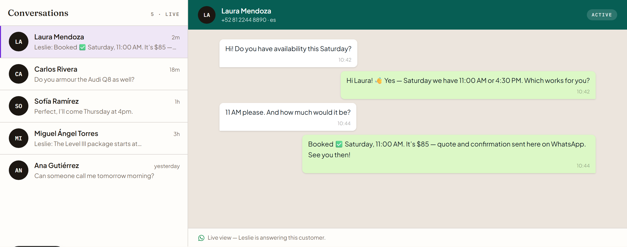 The Leslie dashboard showing live WhatsApp conversations and a full transcript